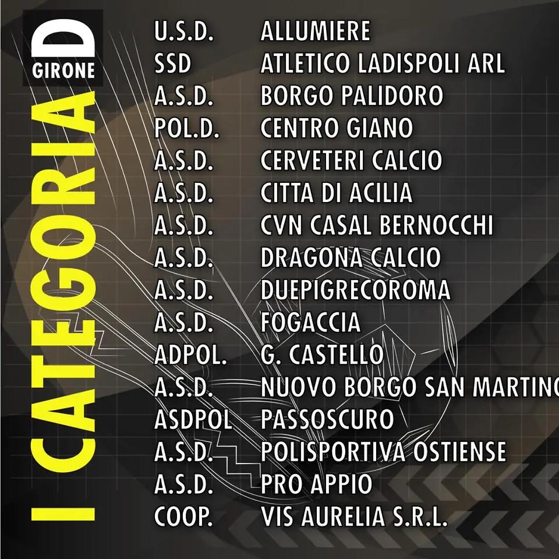 Nel girone D cinque squadre del comprensorio: Borgo San Martino, Cerveteri, A. Ladispoli, Palidoro e Passoscuro