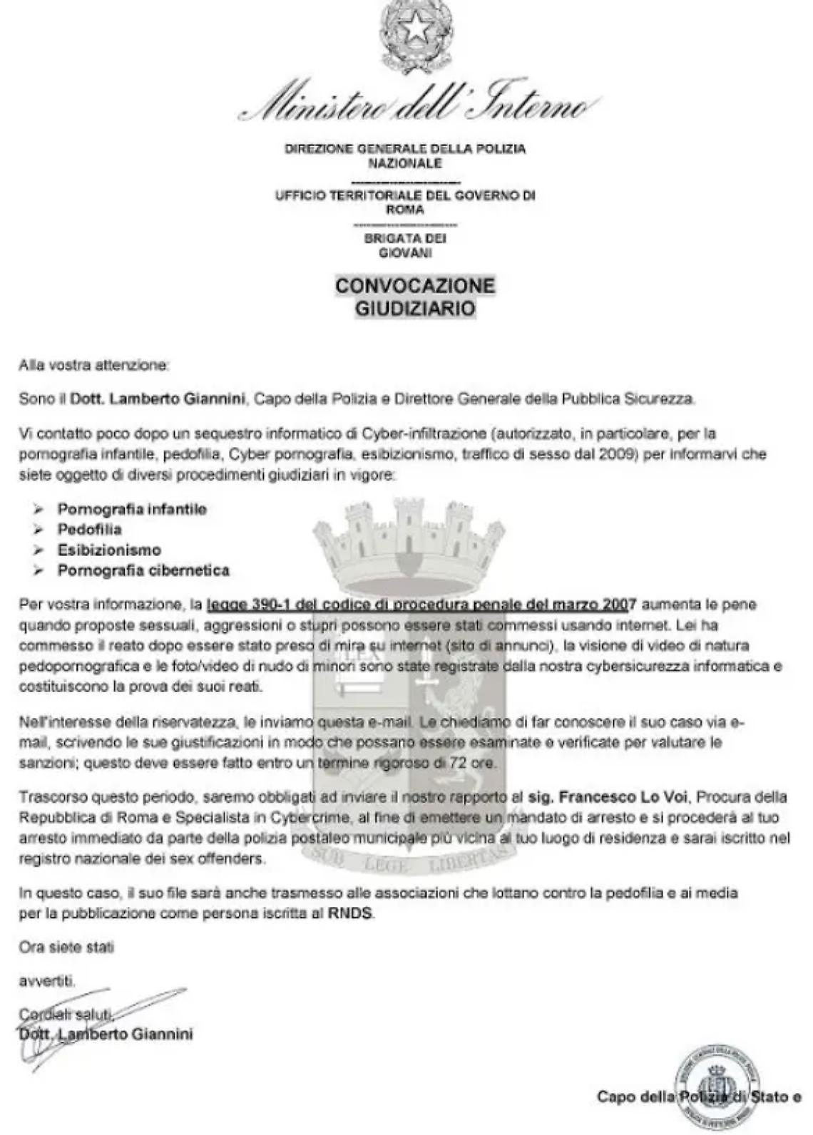 Torna la mail truffa a firma del capo della polizia Lamberto Giannini