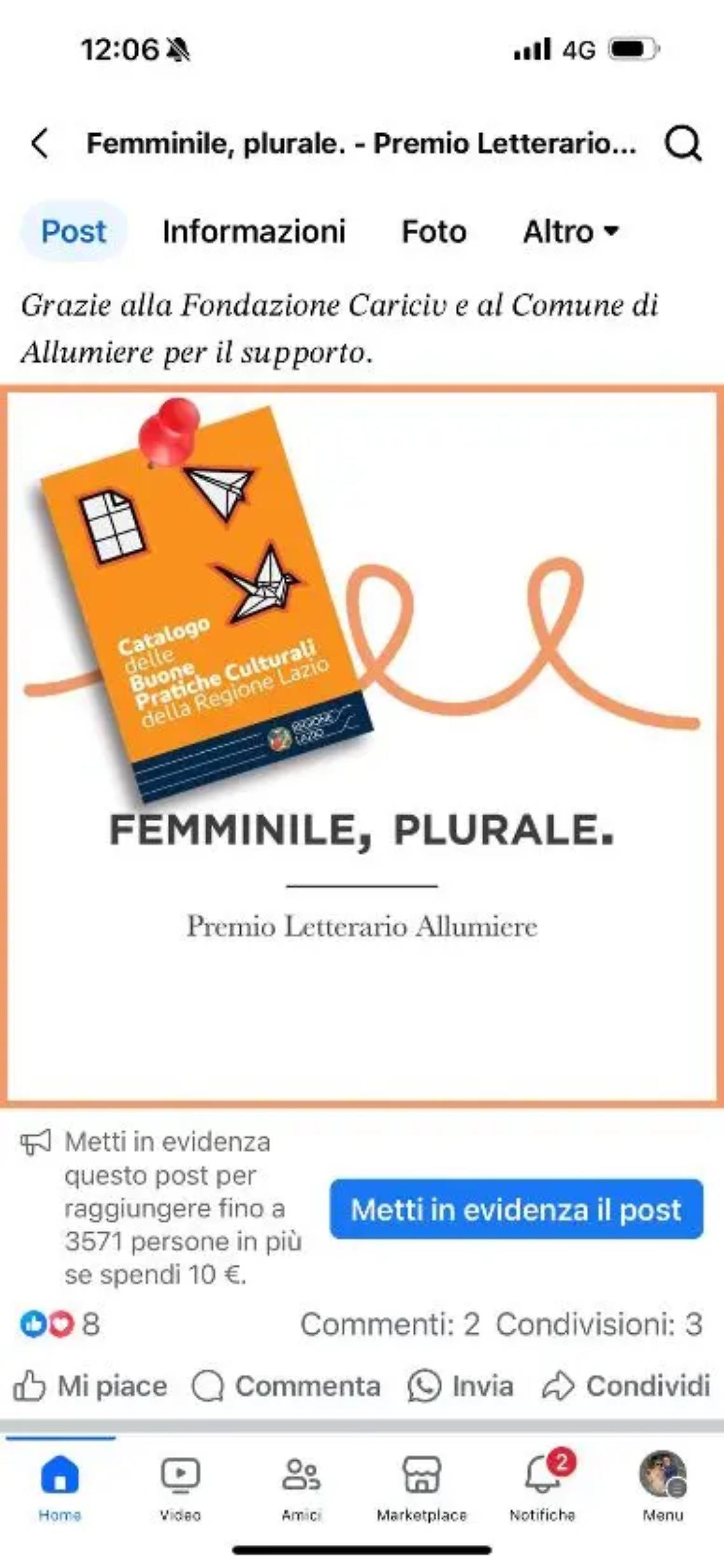 Il concorso letterario Femminile, plurale inserito nelle &ldquo;buone pratiche culturali&rdquo;