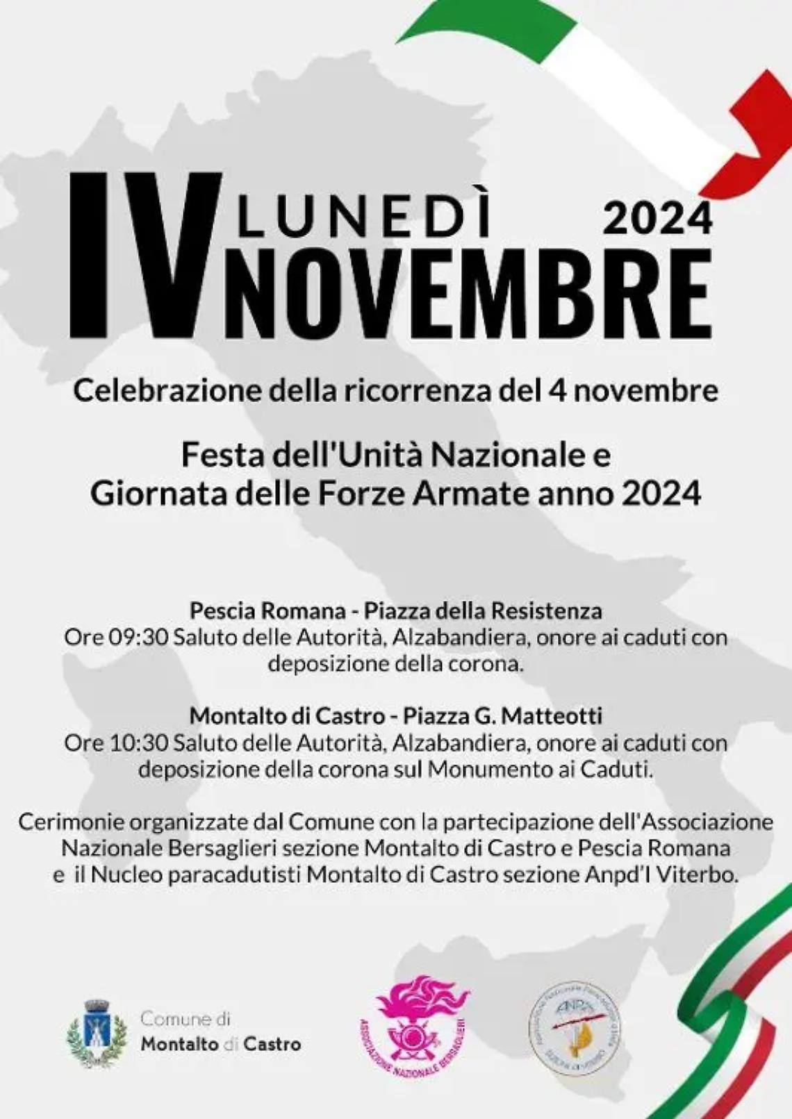 Montalto, luned&igrave; 4 novembre Festa dell&rsquo;Unit&agrave; d&rsquo;Italia e giornata delle Forze Armate