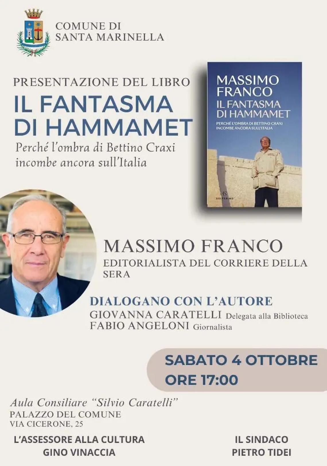 Santa Marinella, sabato 4 ottobre in Comune la presentazione del libro "Il Fantasma di Hammamet" di Massimo Franco