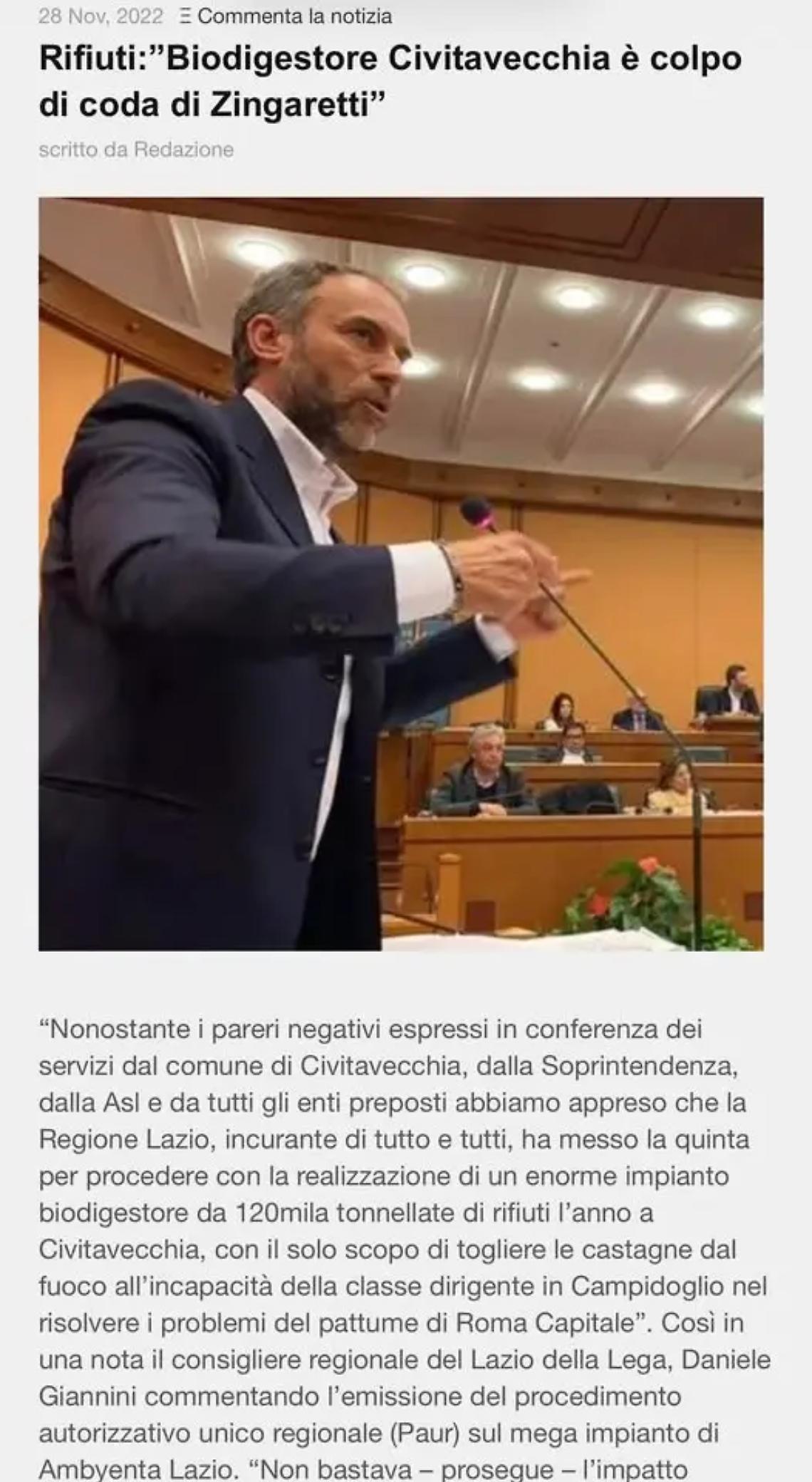 Biodigestore a Civitavecchia, Giammusso: &laquo;Inascoltato il grido di allarme di Daniele Giannini&raquo;